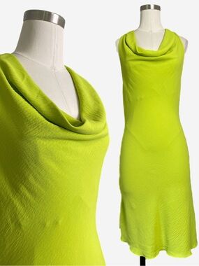See You Monday Chartreuse slinky cowl neck halter open back midi dress M/L